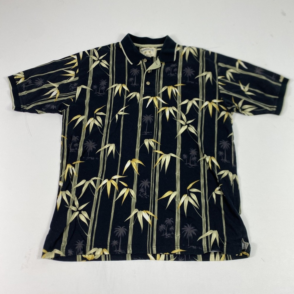 Bamboo Cay Shirt Mens Large Black Bamboo Palm Print‎ Hawaiian Polo Resortwear